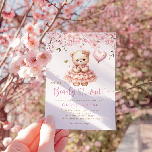 Boho Teddy Bear Girl Pink Barly Wake Baby shower Kaart