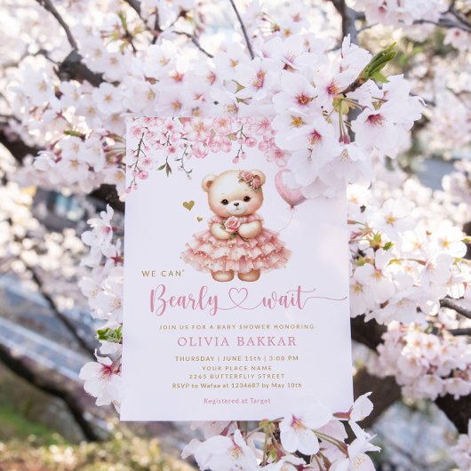 Boho Teddy Bear Girl Pink Barly Wake Baby shower Kaart