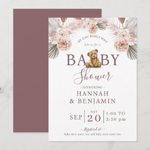 Boho Teddy Bear Girl Pink Barly Wake Baby shower Kaart