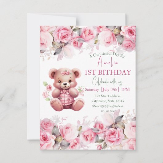 Boho Teddy Bear Girl Pink Bear Floral Birthday Kaart (Voorkant)