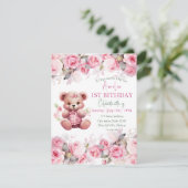 Boho Teddy Bear Girl Pink Bear Floral Birthday Kaart (Staand voorkant)