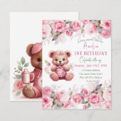 Boho Teddy Bear Girl Pink Bear Floral Birthday Kaart (Voorkant / Achterkant)