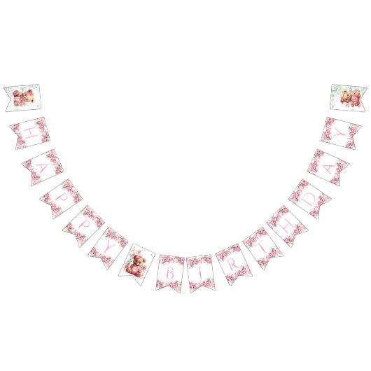 Boho Teddy Bear Girl Pink Bear Floral Birthday  Vlaggetjes (Alle)