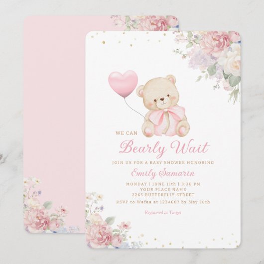 Boho Teddy Bear Girl Pink Bearly Wait Baby Shower Kaart (Voorkant / Achterkant)