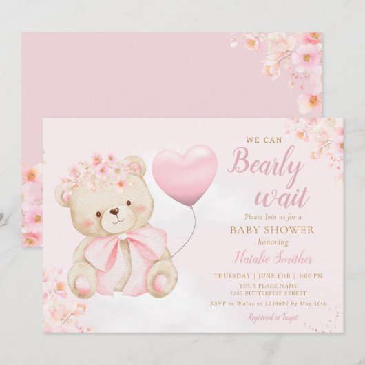 Boho Teddy Bear Girl Pink Bearly Wait Baby Shower Kaart (Voorkant / Achterkant)