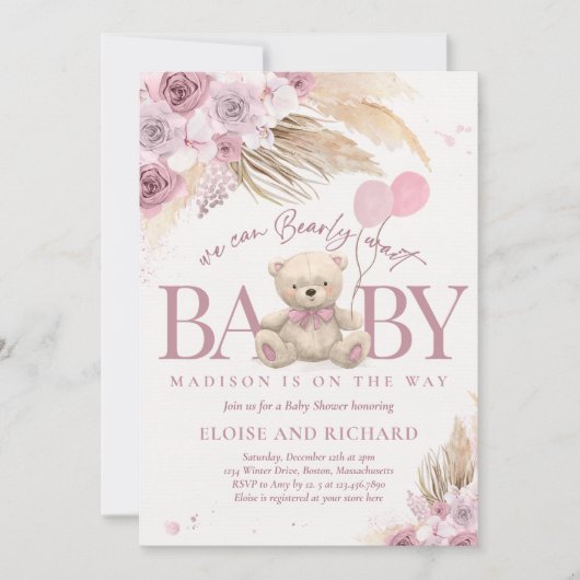 Boho Teddy Bear Mauve Pink Barly Wait Baby shower Kaart (Voorkant)