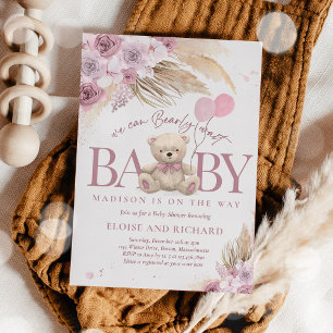 Boho Teddy Bear Mauve Pink Barly Wait Baby shower Kaart