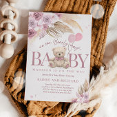 Boho Teddy Bear Mauve Pink Barly Wait Baby shower Kaart
