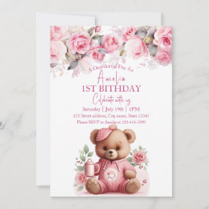 Boho Teddy Bear Meisje Roze Beer Bloemen Verjaarda Kaart