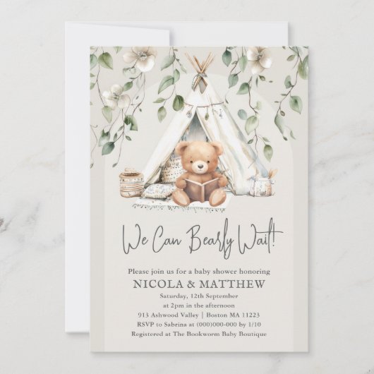 Boho Teddy Bear Neutral Baby shower Kaart (Voorkant)