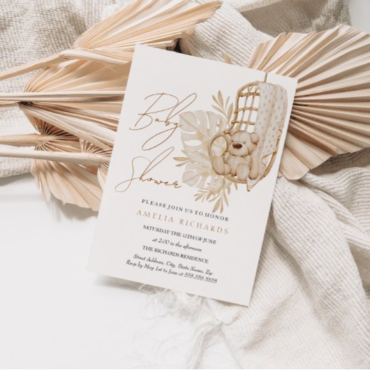 Boho Teddy Bear Neutral Baby shower Kaart