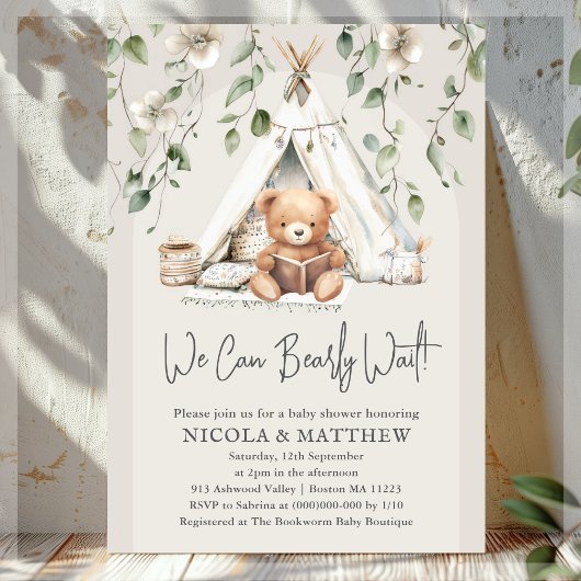 Boho Teddy Bear Neutral Baby shower Kaart