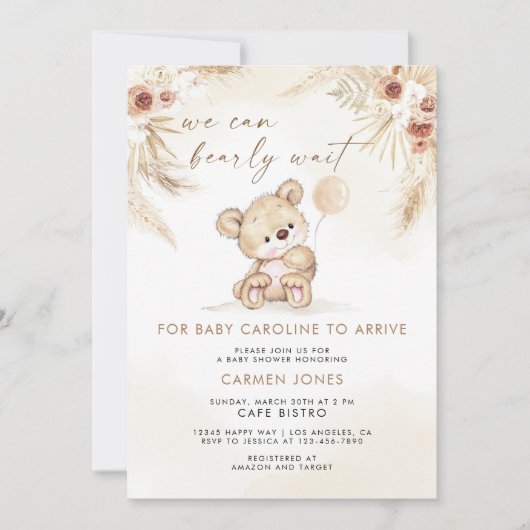 Boho Teddy Bear Pampas Grass Baby shower Uitnodige Kaart (Voorkant)