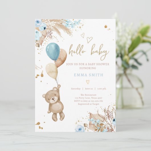 Boho Teddy Bear Picnic Boy Blue Baby shower Kaart (Staand voorkant)
