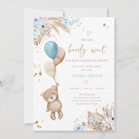 Boho Teddy Bear Picnic Boy Blue Baby shower Kaart (Voorkant)