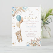 Boho Teddy Bear Picnic Boy Blue Baby shower Kaart (Staand voorkant)