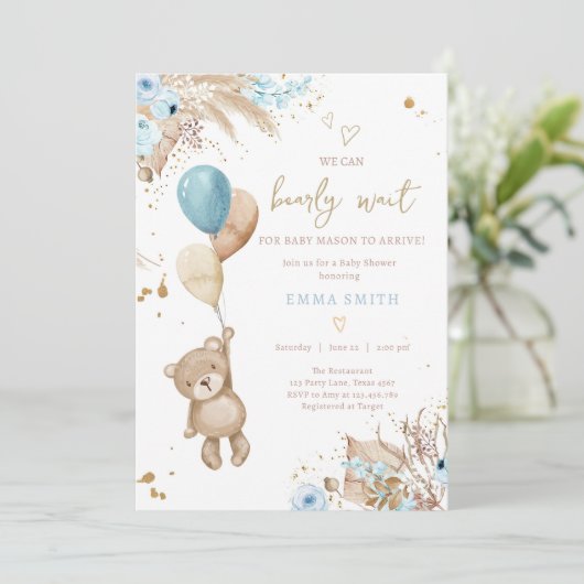Boho Teddy Bear Picnic Boy Blue Baby shower Kaart (Staand voorkant)