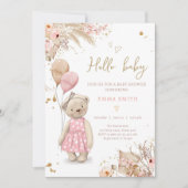 Boho Teddy Bear Picnic Girl Pink Baby shower Invit Kaart (Voorkant)