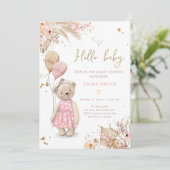 Boho Teddy Bear Picnic Girl Pink Baby shower Invit Kaart (Staand voorkant)
