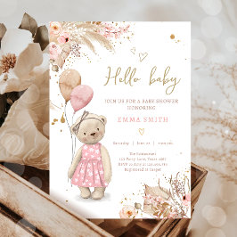 Boho Teddy Bear Picnic Girl Pink Baby shower Invit Kaart