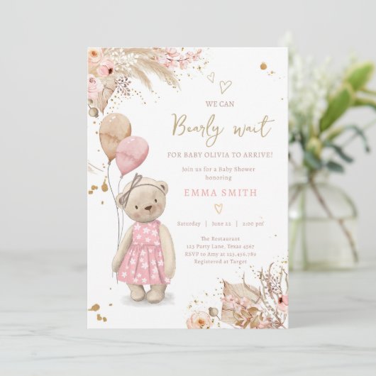 Boho Teddy Bear Picnic Girl Pink Baby shower Kaart (Staand voorkant)