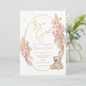 Boho Teddy Bear Pink and Gold Baby shower Kaart (Staand voorkant)