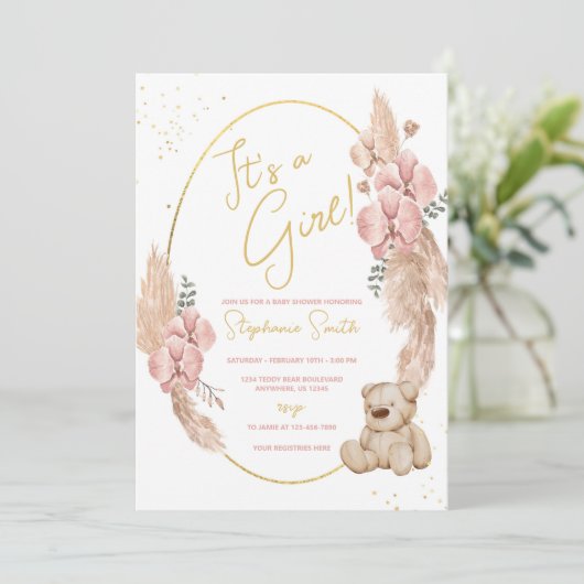 Boho Teddy Bear Pink and Gold Baby shower Kaart (Staand voorkant)