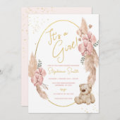 Boho Teddy Bear Pink and Gold Baby shower Kaart (Voorkant / Achterkant)