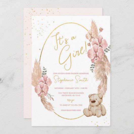 Boho Teddy Bear Pink and Gold Baby shower Kaart (Voorkant / Achterkant)