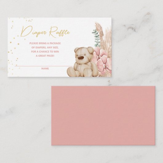Boho Teddy Bear Pink and Gold Diaper Raffle Informatiekaartje (Voorkant / Achterkant)
