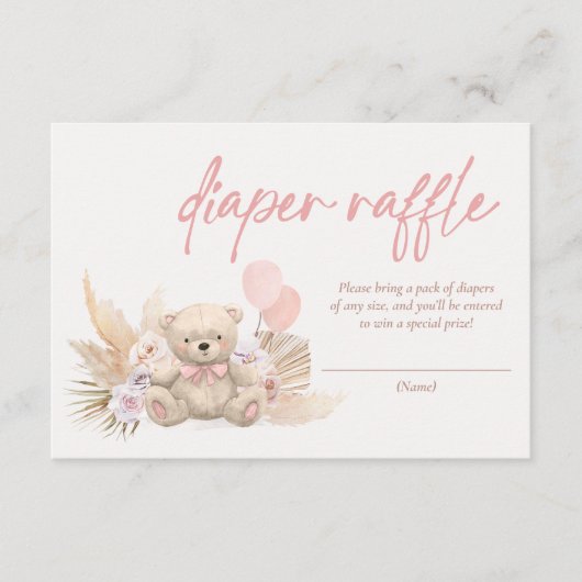 Boho Teddy Bear Pink Baby shower Diaper Raffle Informatiekaartje (Voorkant)