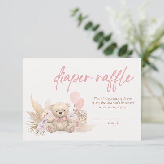 Boho Teddy Bear Pink Baby shower Diaper Raffle Informatiekaartje (Staand voorkant)