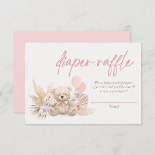 Boho Teddy Bear Pink Baby shower Diaper Raffle Informatiekaartje
