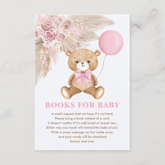 Boho Teddy Bear Pink Ballonboeken voor Baby Girl Informatiekaartje (Voorkant)