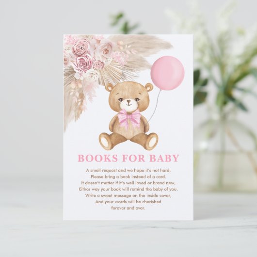 Boho Teddy Bear Pink Ballonboeken voor Baby Girl Informatiekaartje (Staand voorkant)