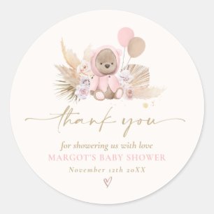 Boho Teddy Bear Pink Barly Wait Baby shower Favor Ronde Sticker