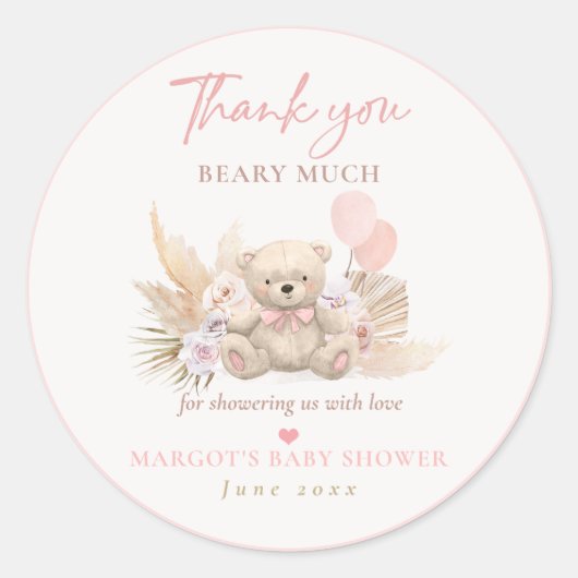 Boho Teddy Bear Pink Barly Wait Baby shower Favor Ronde Sticker (Voorkant)