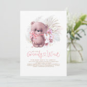 Boho Teddy Bear Pink Barly Wait Girl Baby shower Kaart (Staand voorkant)