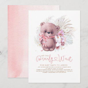 Boho Teddy Bear Pink Barly Wait Girl Baby shower Kaart
