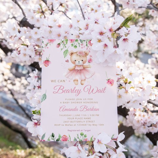 Boho Teddy Bear Pink Barly Wait Girl Baby shower Kaart