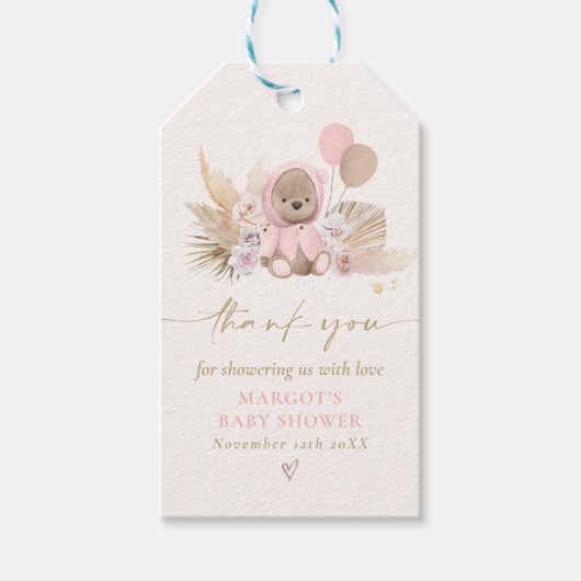 Boho Teddy Bear Pink Barly Wake Baby shower Cadeaulabel (Voorkant)