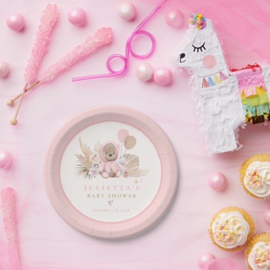Boho Teddy Bear Pink Barly Wake Baby shower Papieren Bordje (Feest)