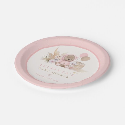 Boho Teddy Bear Pink Barly Wake Baby shower Papieren Bordje (Gekanteld)