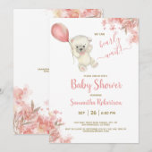 Boho Teddy Bear Pink Floral Balloon Baby shower Kaart (Voorkant / Achterkant)