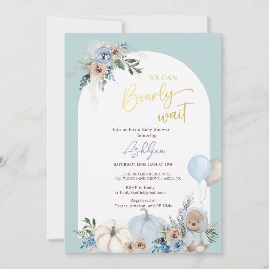 Boho Teddy Bear Pumpkin Boy Bearly Baby shower Kaart (Voorkant)