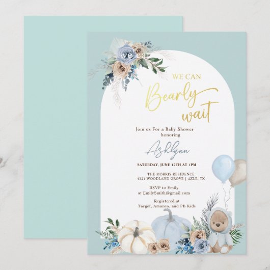 Boho Teddy Bear Pumpkin Boy Bearly Baby shower Kaart (Voorkant / Achterkant)