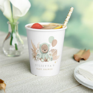 Boho Teddy Bear Sage Green Baby shower Party  Papieren Bekers