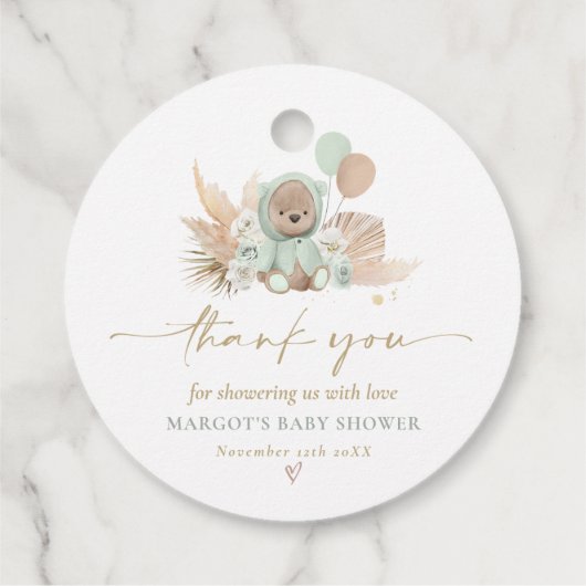Boho Teddy Bear Sage Green Barly Wait Baby shower Bedankjes Labels (Achterkant)