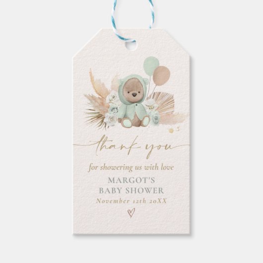 Boho Teddy Bear Sage Green Barly Wait Baby shower Cadeaulabel (Voorkant)