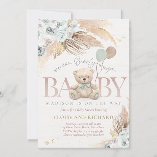 Boho Teddy Bear Sage Green Barly Wait Baby shower Kaart (Voorkant)